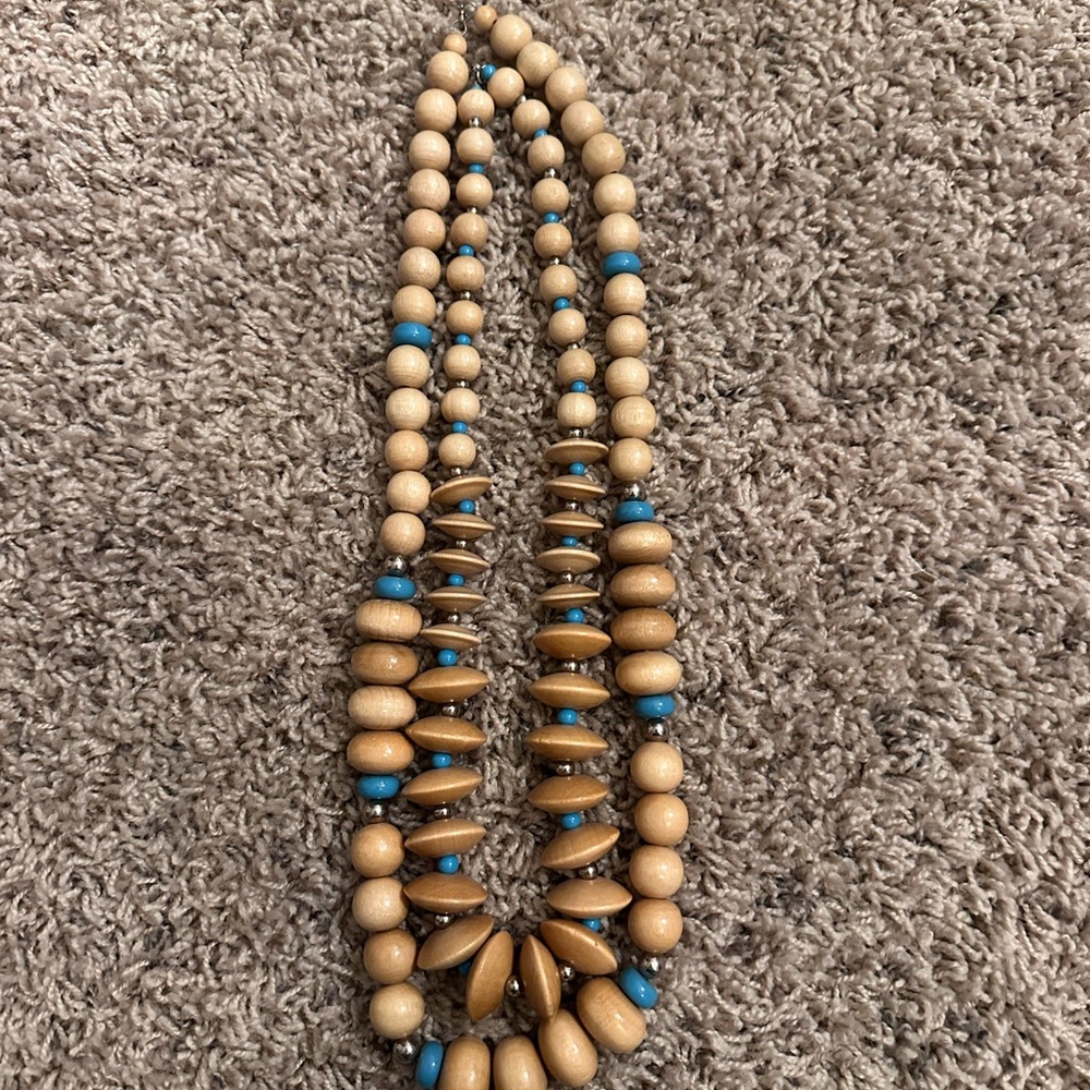 Wooden Bead Necklace with Blue Accents